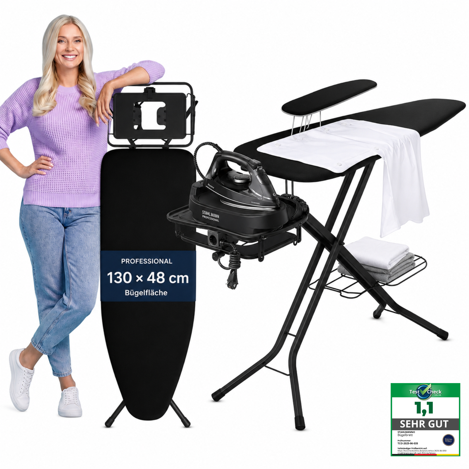 STAHLMANN® XXL Bügelbrett 130x48 cm – Für Dampfbügelstation – inkl. Ärmelbrett – 100 % Baumwollbezug – extra stabil – Made in EU