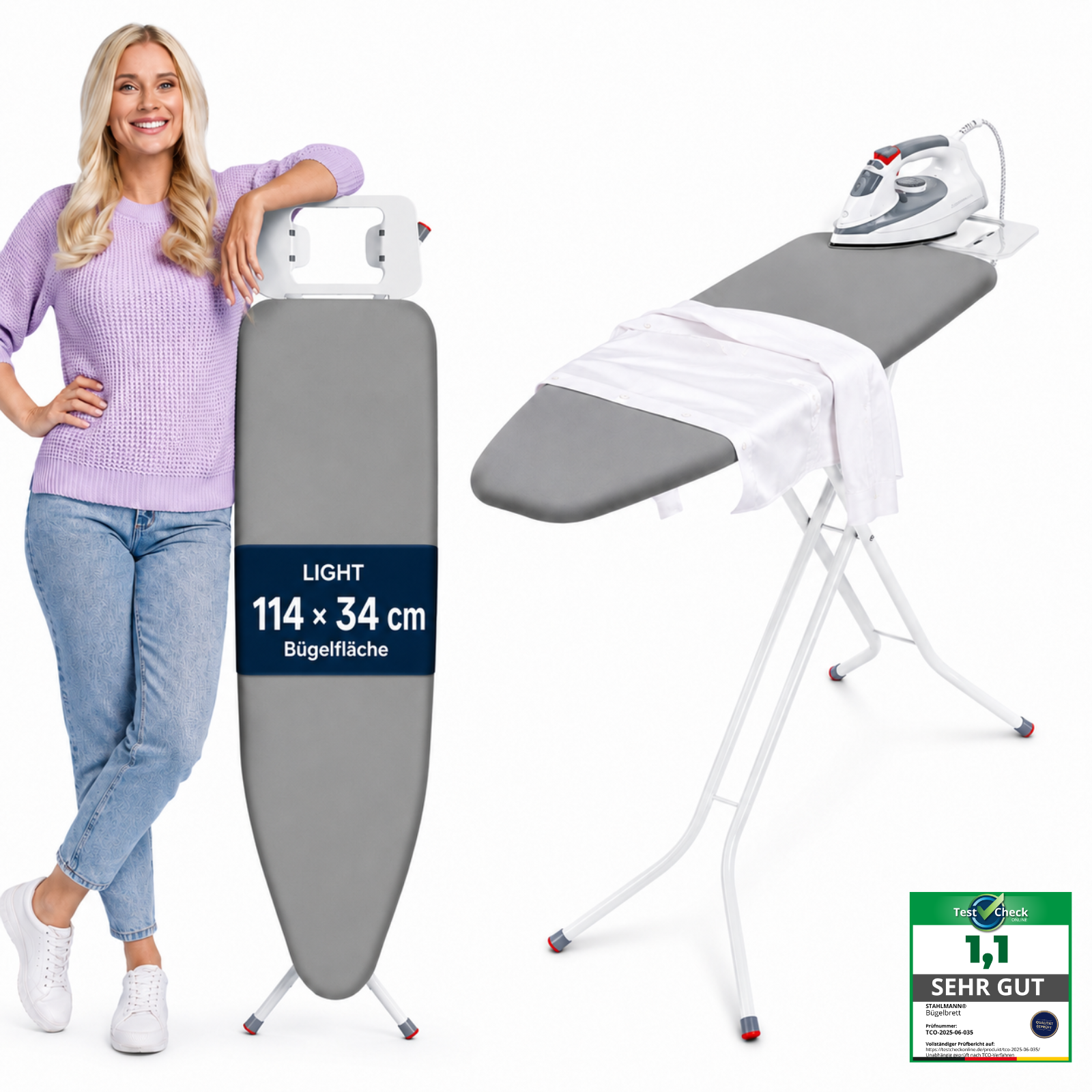 STAHLMANN® Light Bügelbrett 114 × 34 cm – höhenverstellbar & klappbar | mit Ablage für klassische Bügeleisen und rutschfesten Standfüßen