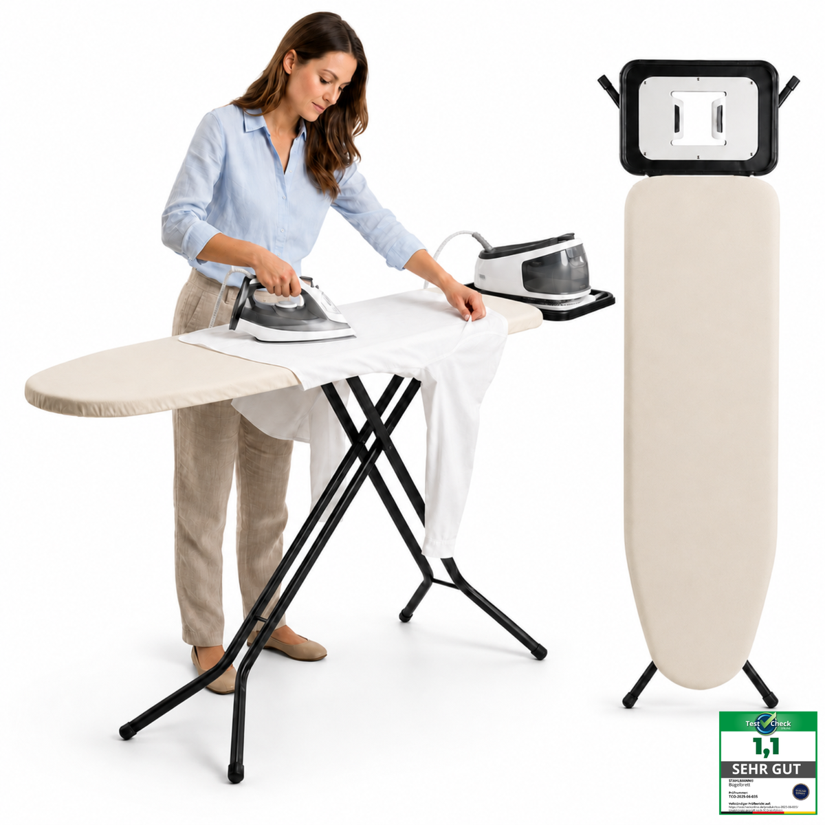 STAHLMANN Granada Bügelbrett 120 × 38 cm – höhenverstellbar, mit Turbobezug und Ablage für Dampfbügelstationen – Made in EU