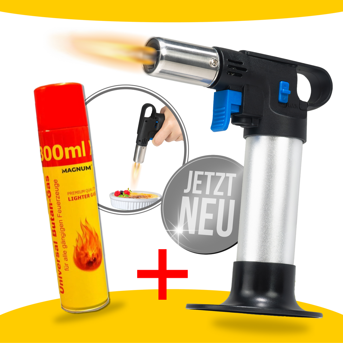 Premium Flambierbrenner inkl. Feuerzeuggas – Leistungsstark, Sicher & Handlich für Präzises Flambieren und Karamellisieren