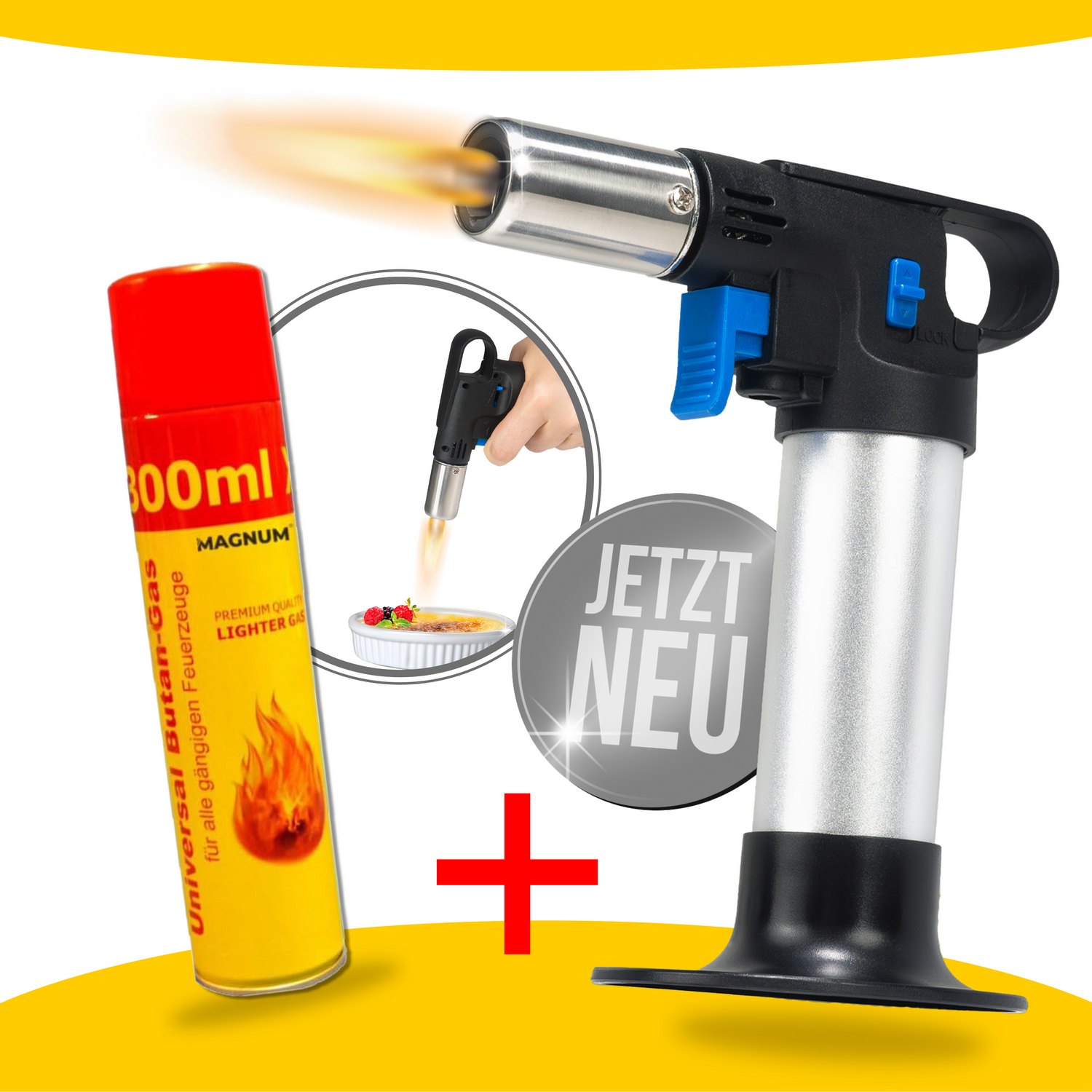 Premium Flambierbrenner inkl. Feuerzeuggas – Leistungsstark, Sicher &amp; Handlich für Präzises Flambieren und Karamellisieren