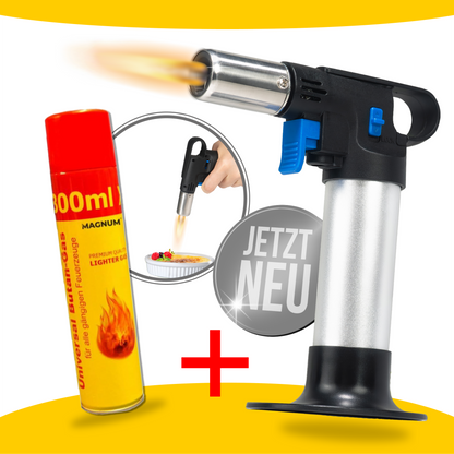 Premium Flambierbrenner inkl. Feuerzeuggas – Leistungsstark, Sicher &amp; Handlich für Präzises Flambieren und Karamellisieren