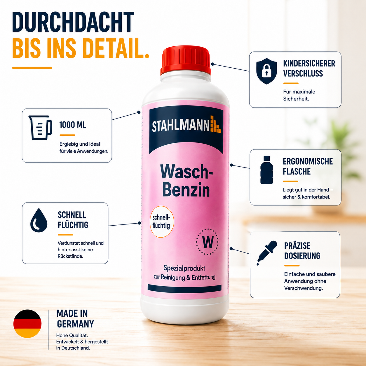 STAHLMANN Waschbenzin 1 L – Reinigungsbenzin | Fett- & Öl-Entferner | KFZ, Werkstatt, Haushalt