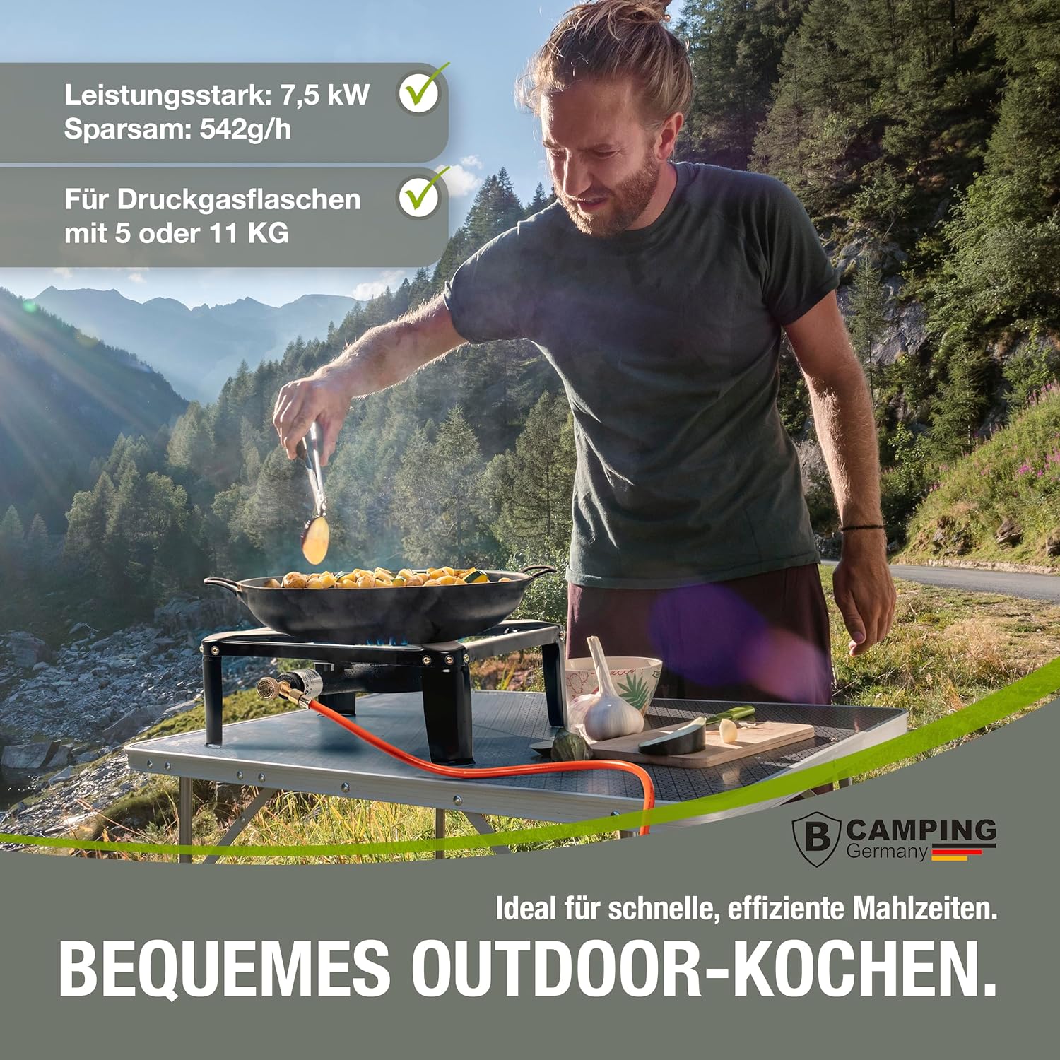 B CAMPING GERMANY® Hockerkocherinkl. Gasschlauch mit Druckminder 50 mbar