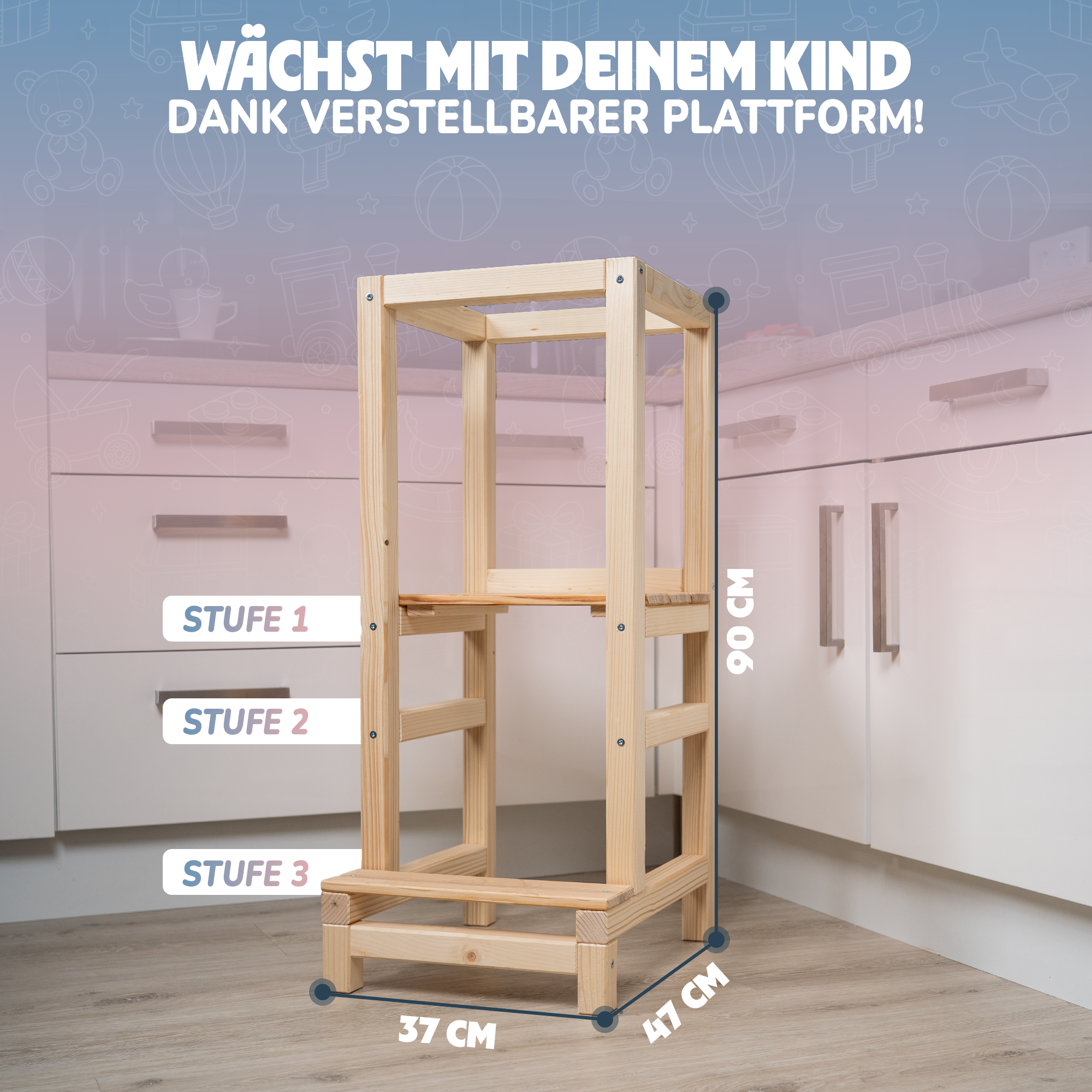 STRAHLKIND® Lernturm ab 1 Jahr [Anti Kipp Schutz] aus Kiefernholz - Montessori Lernturm höhenverstellbar - Learning Tower - Tritthocker für Kinder