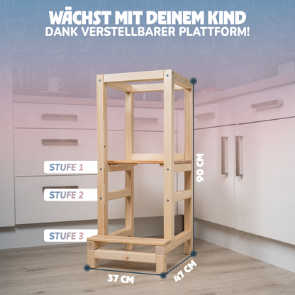 STRAHLKIND® Lernturm ab 1 Jahr [Anti Kipp Schutz] aus Kiefernholz - Montessori Lernturm höhenverstellbar - Learning Tower - Tritthocker für Kinder