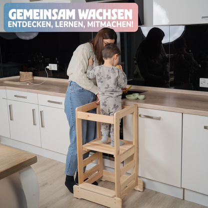 JETZT NEU! STRAHLKIND® Lernturm ab 1 Jahr [Anti Kipp Schutz] aus Kiefernholz - Montessori Lernturm höhenverstellbar - Learning Tower - Tritthocker für Kinder