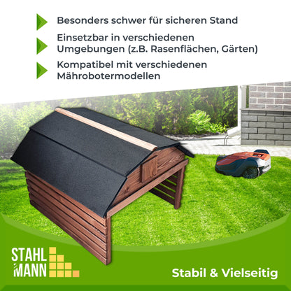 JETZT NEU! STAHLMANN® Mähroboter Garage aus Kiefernholz [78,5 x 74 x 60 cm] - Rasenroboter Garage BRAUN [wetterfest] Mähroboter Garage [MADE IN EUROPE]