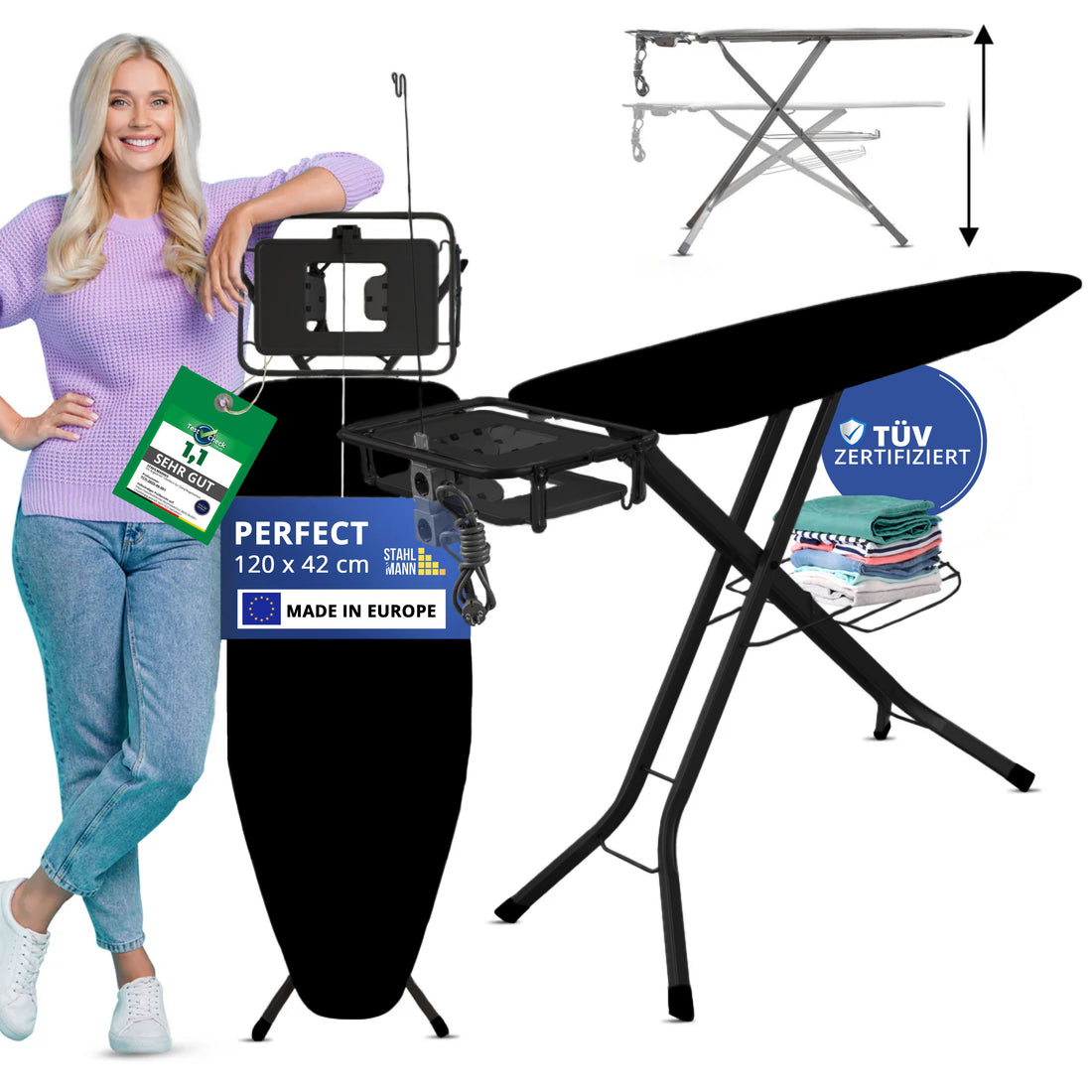 STAHLMANN® XL Bügelbrett 120x42 cm – Höhenverstellbar &amp; stabil – Baumwollbezug – Für Dampfbügelstation – Made in EU