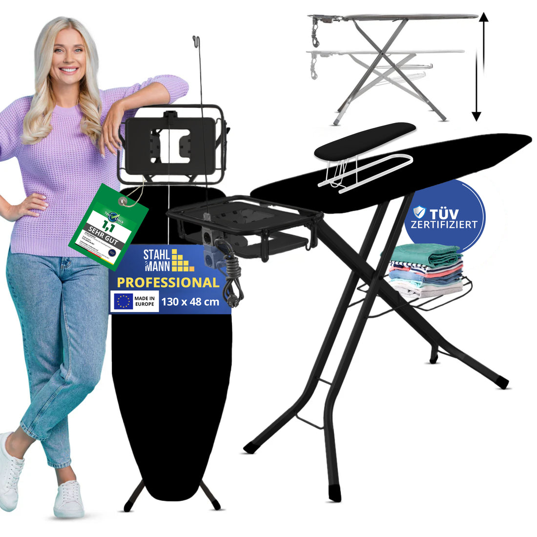 STAHLMANN® XXL Bügelbrett 130x48 cm – Für Dampfbügelstation – inkl. Ärmelbrett – 100 % Baumwollbezug – extra stabil – Made in EU