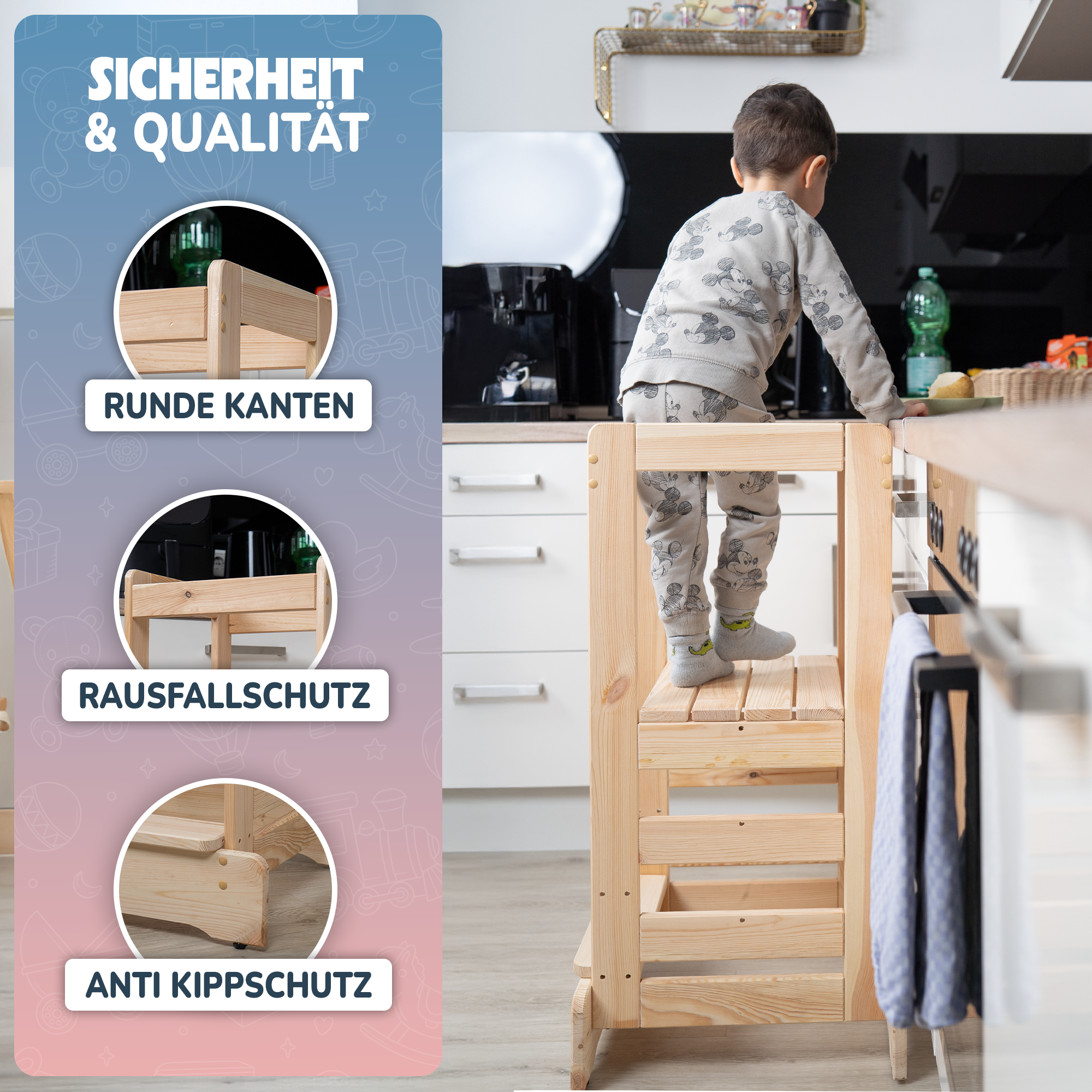 JETZT NEU! STRAHLKIND® Lernturm ab 1 Jahr [Anti Kipp Schutz] aus Kiefernholz - Montessori Lernturm höhenverstellbar - Learning Tower - Tritthocker für Kinder
