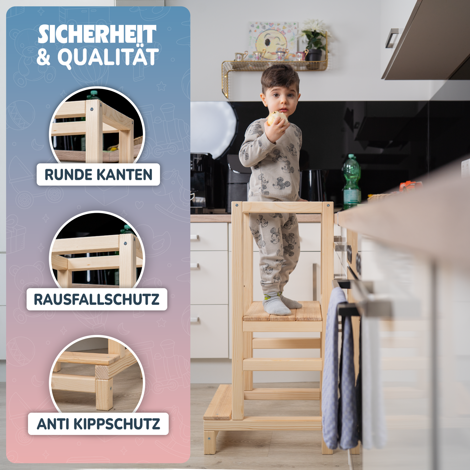 STRAHLKIND® Lernturm ab 1 Jahr [Anti Kipp Schutz] aus Kiefernholz - Montessori Lernturm höhenverstellbar - Learning Tower - Tritthocker für Kinder