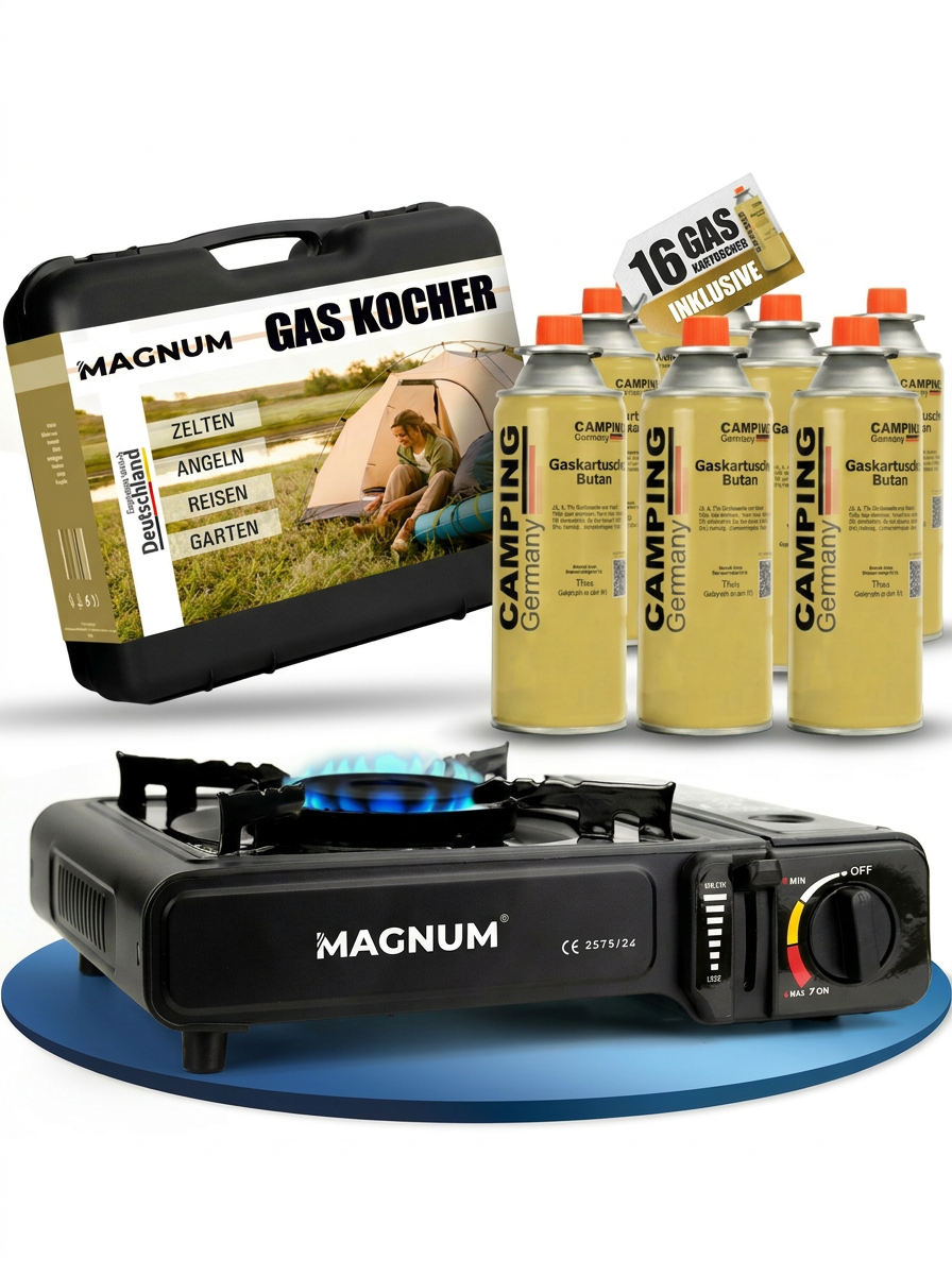 Gasfornuisset inclusief butaangaspatronen – met draagtas – compact, veilig en direct klaar voor gebruik – ideaal voor kamperen, tuinieren en buitengebruik – snelle verzending vanuit Duitsland 
