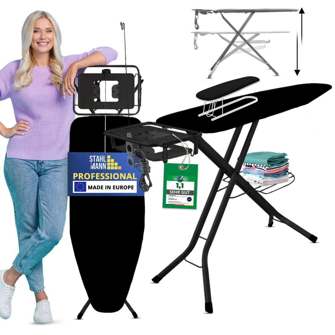 STAHLMANN® XXL Bügelbrett 130x48 cm – Für Dampfbügelstation – inkl. Ärmelbrett – 100 % Baumwollbezug – extra stabil – Made in EU