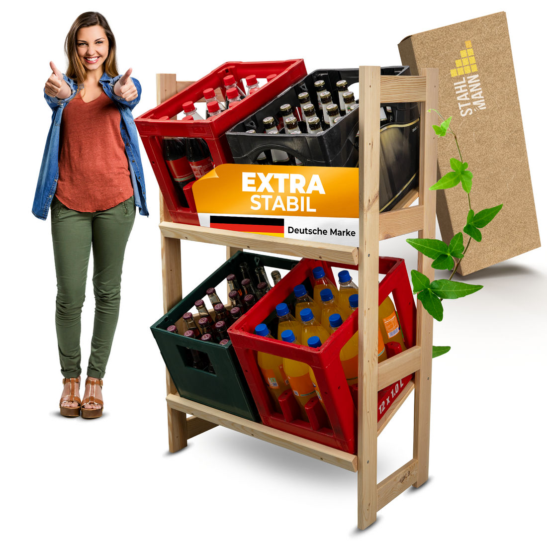 Getränkekistenregal für 4 Kisten [GEEIGNET FÜR Jede KISTENSORTE] - Robustes Getränkeregal aus hochwertigem Kiefernholz - Standfestes Kistenregal Made IN Europe