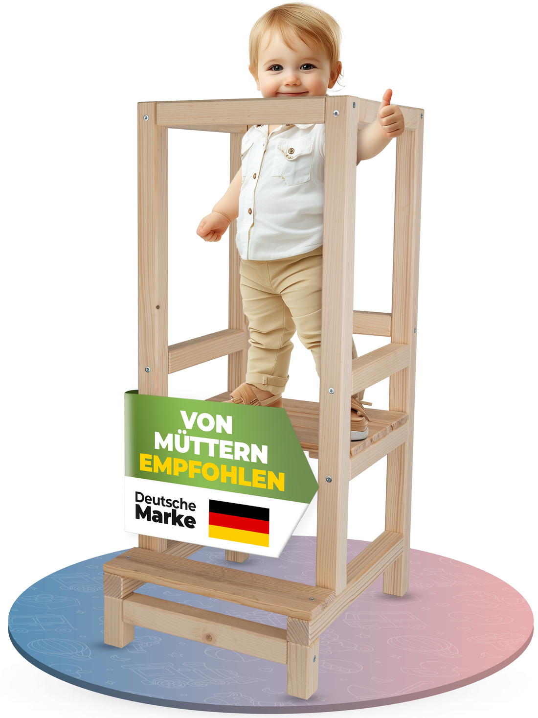 STRAHLKIND® Lernturm ab 1 Jahr [Anti Kipp Schutz] aus Kiefernholz - Montessori Lernturm höhenverstellbar - Learning Tower - Tritthocker für Kinder