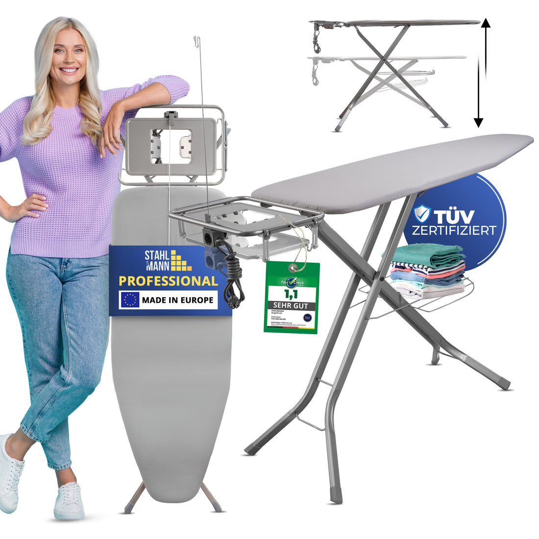 STAHLMANN® XXL Bügelbrett 130x45 cm – Für Dampfbügelstation – TÜV-zertifiziert – 100 % Baumwollbezug – extra stabil – Made in EU