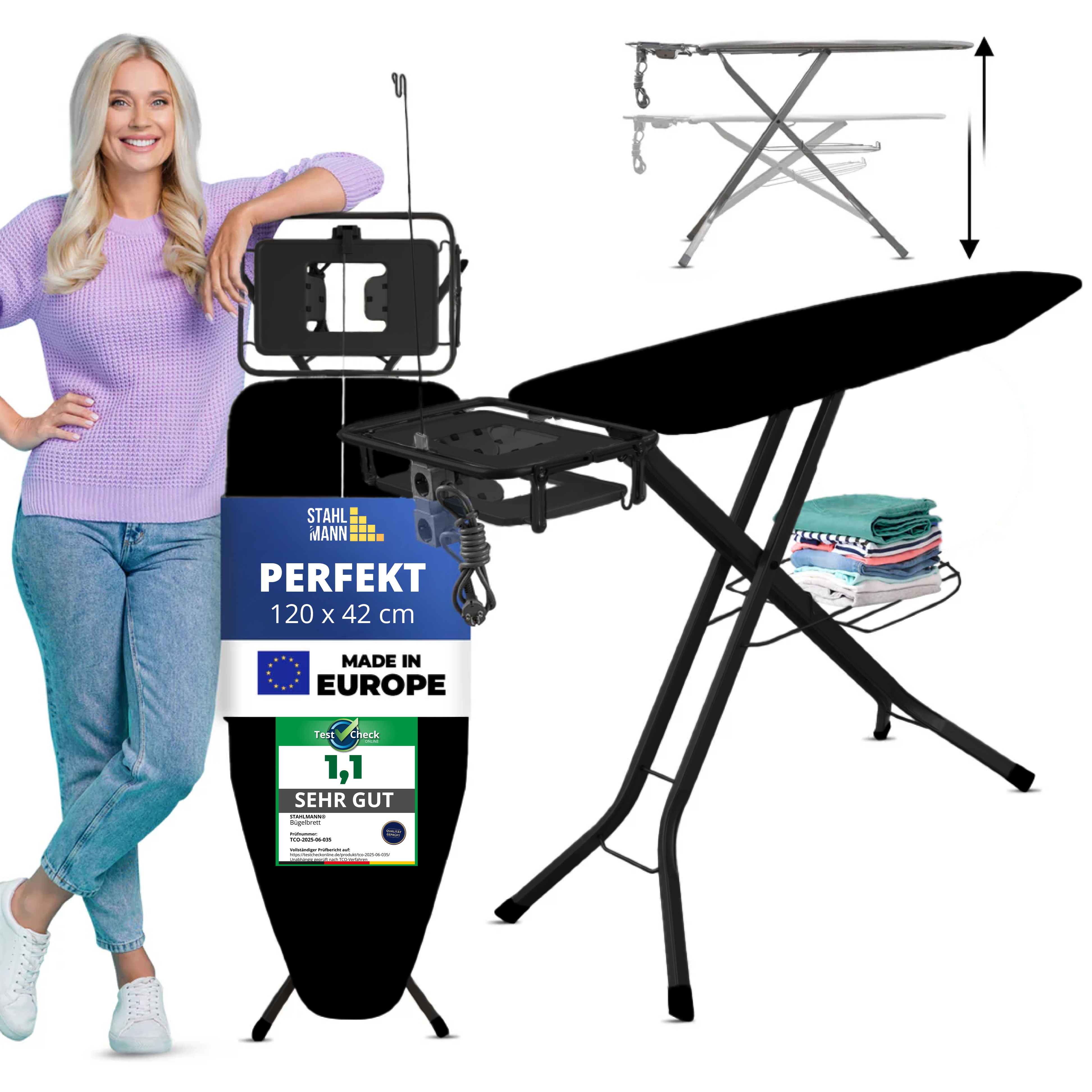 STAHLMANN® XL-Bügelbrett 120×42 cm – für Dampfbügelstation