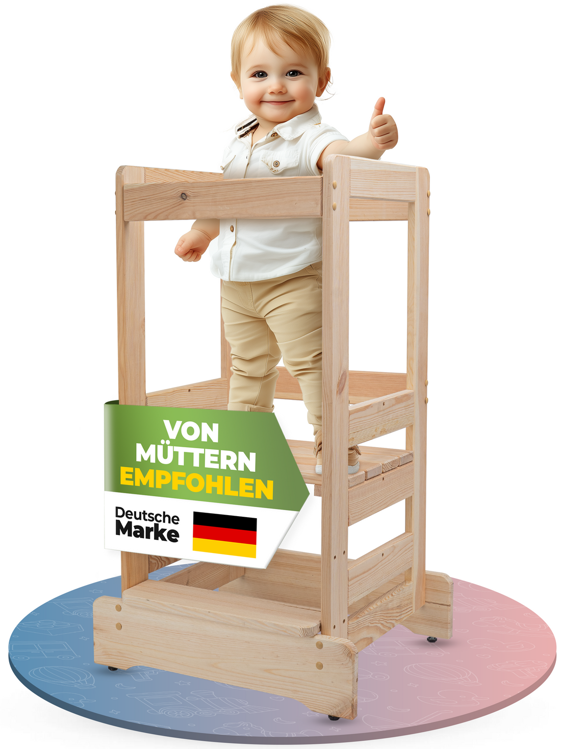 JETZT NEU! STRAHLKIND® Lernturm ab 1 Jahr [Anti Kipp Schutz] aus Kiefernholz - Montessori Lernturm höhenverstellbar - Learning Tower - Tritthocker für Kinder