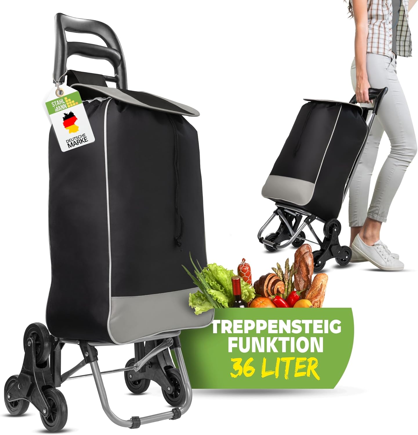 STAHLMANN ® Einkaufstrolley klappbar mit Abnehmbarer Tasche – Robuste Einkaufstasche mit 36 L Stauraum