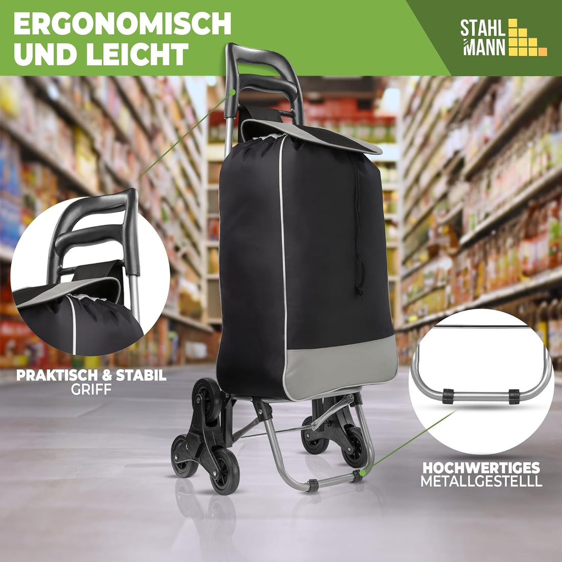 STAHLMANN ® Einkaufstrolley klappbar mit Abnehmbarer Tasche – Robuste Einkaufstasche mit 36 L Stauraum