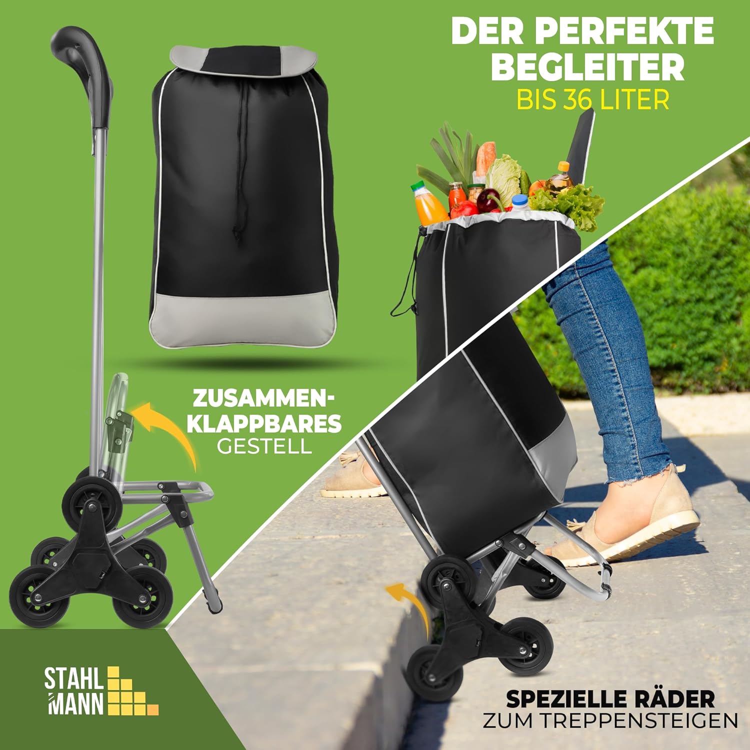 STAHLMANN ® Einkaufstrolley klappbar mit Abnehmbarer Tasche – Robuste Einkaufstasche mit 36 L Stauraum