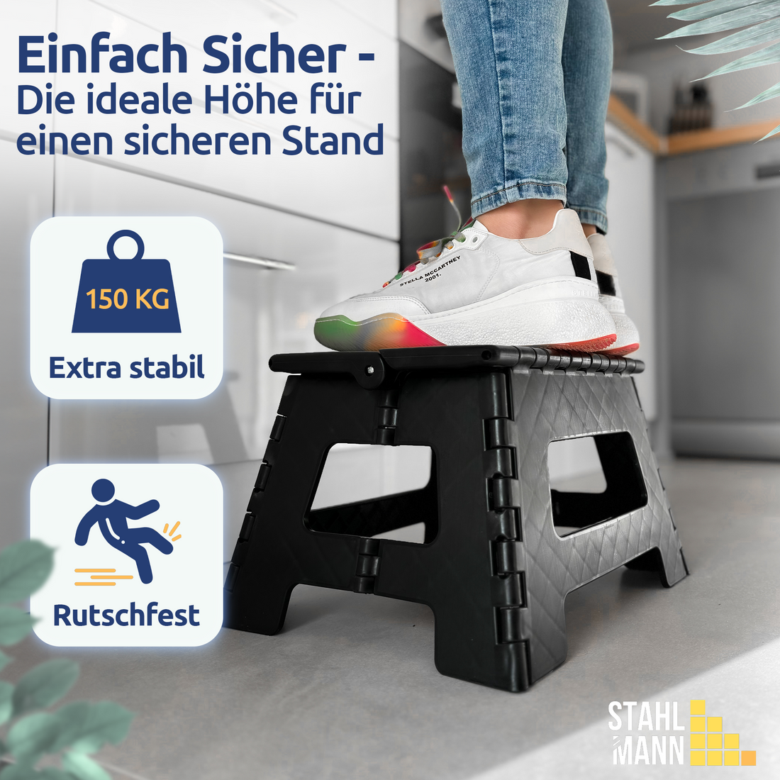 STAHLMANN ® klappbarer Tritthocker bis 150 KG belastbar - Klapphocker 22 cm hoch – Tritthocker Kinder in schwarz – Klapphocker faltbar mit Anti-rutsch Beschichtung