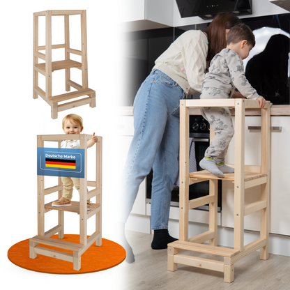 STRAHLKIND® Lernturm ab 1 Jahr [Anti Kipp Schutz] aus Kiefernholz - Montessori Lernturm höhenverstellbar - Basic Learning Tower