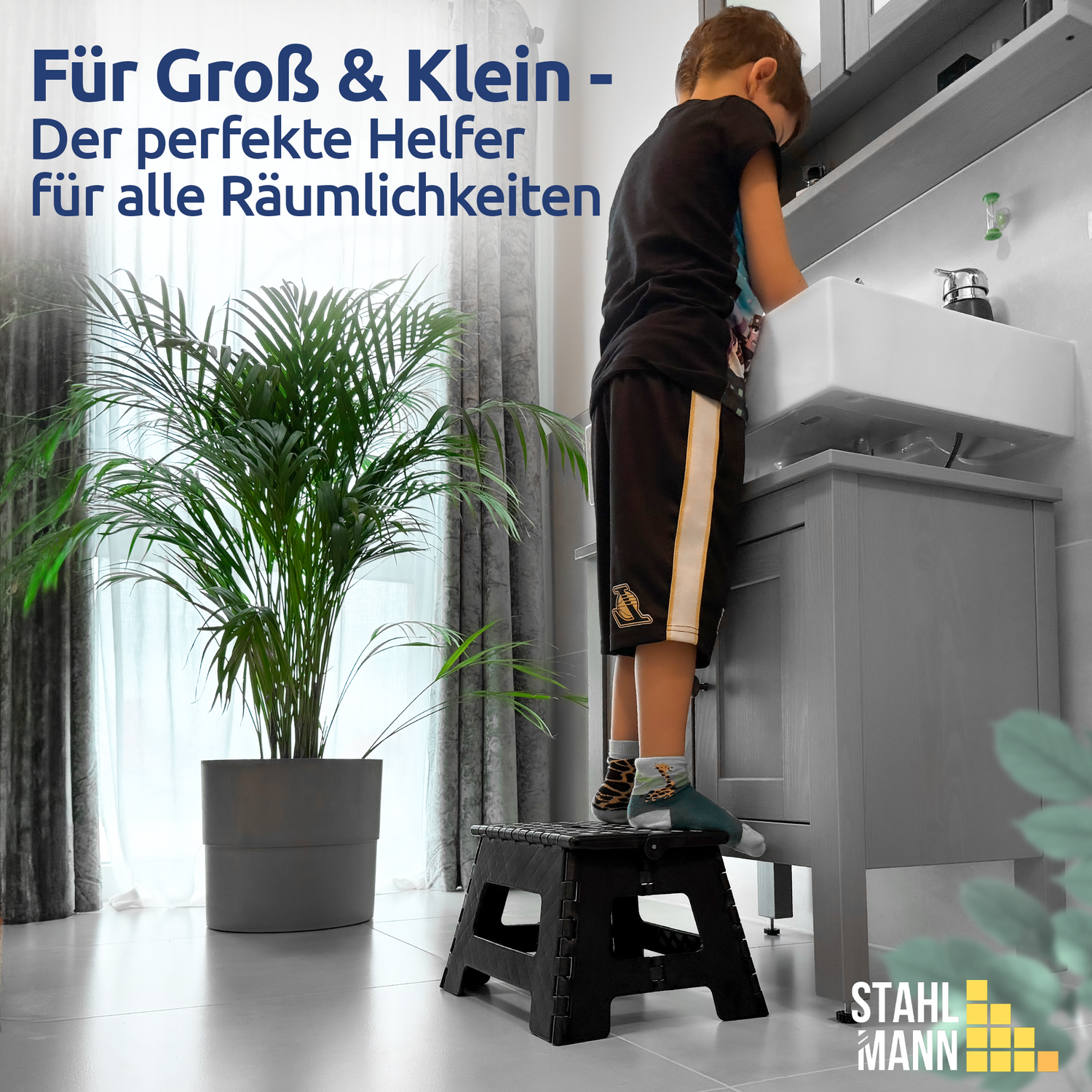 STAHLMANN ® klappbarer Tritthocker bis 150 KG belastbar - Klapphocker 22 cm hoch – Tritthocker Kinder in schwarz – Klapphocker faltbar mit Anti-rutsch Beschichtung