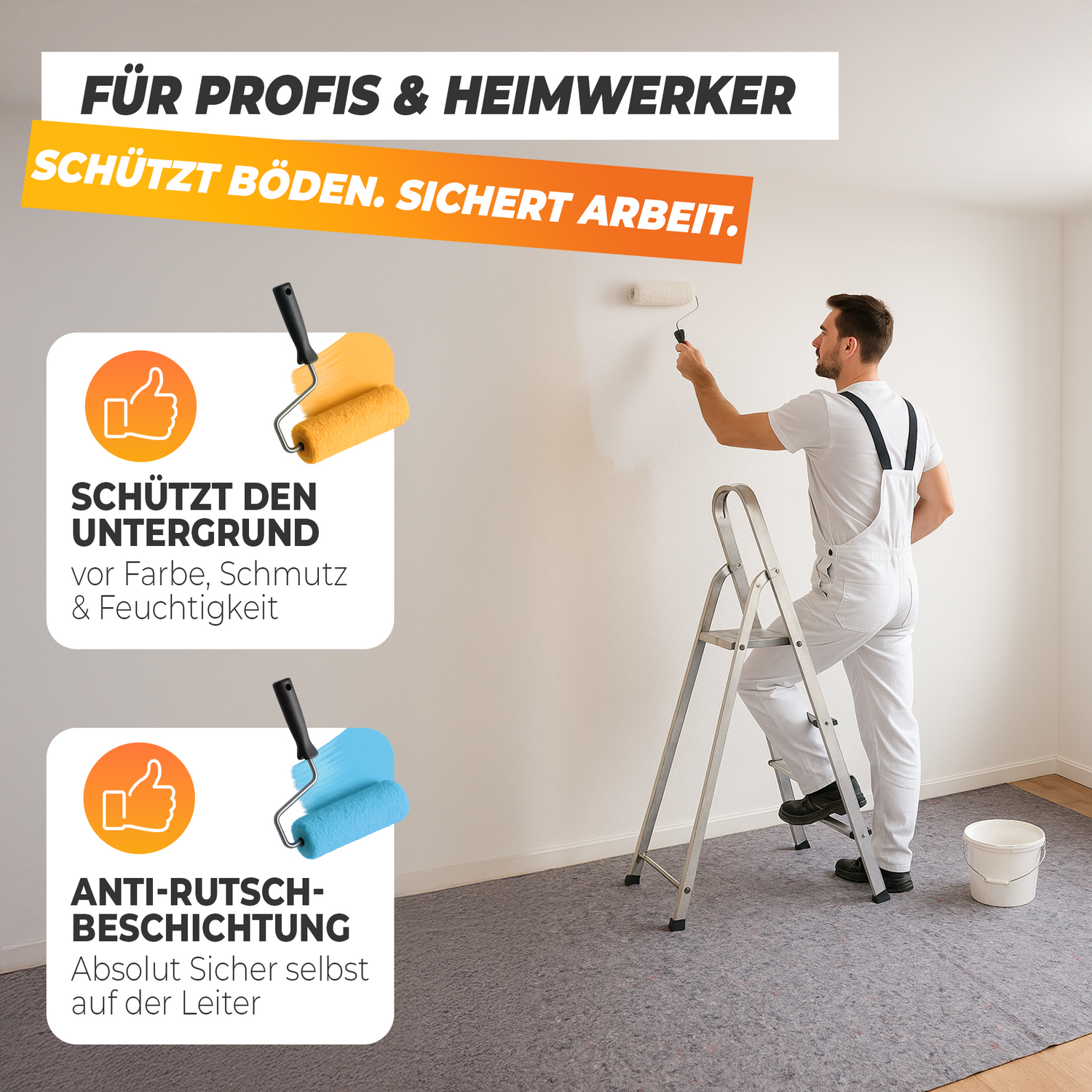 STAHLMANN® Malervlies [1 x 50 m] – Abdeckvlies &amp; Abdeckfolie für Malerarbeiten – rutschfest &amp; saugstark – Bodenabdeckung für Renovierung, Umzug – Malerrolle