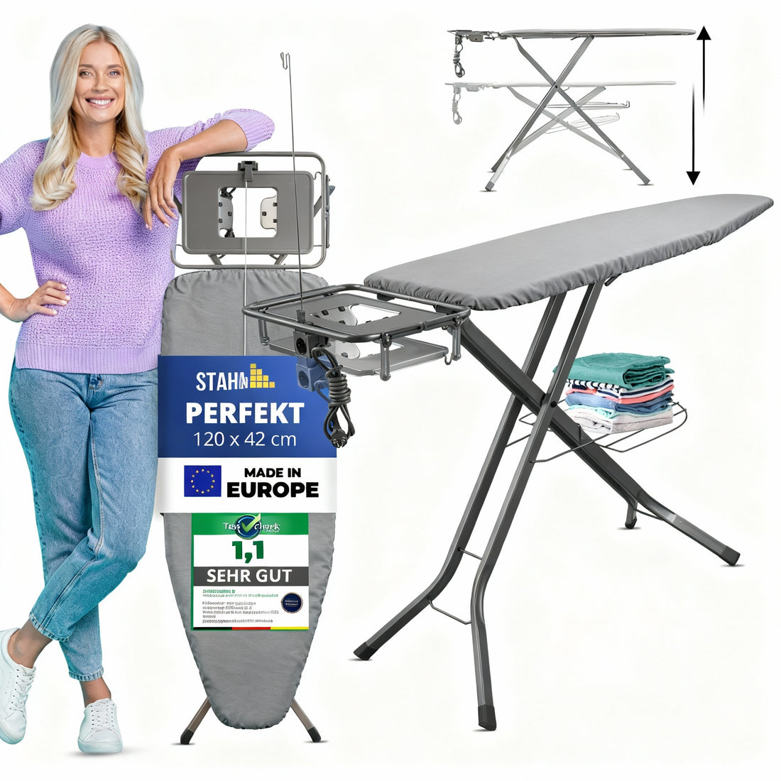 STAHLMANN® XXL Bügelbrett 120x38 cm – Für Dampfbügelstation – TÜV-zertifiziert – 100 % Baumwollbezug – extra stabil – Made in EU