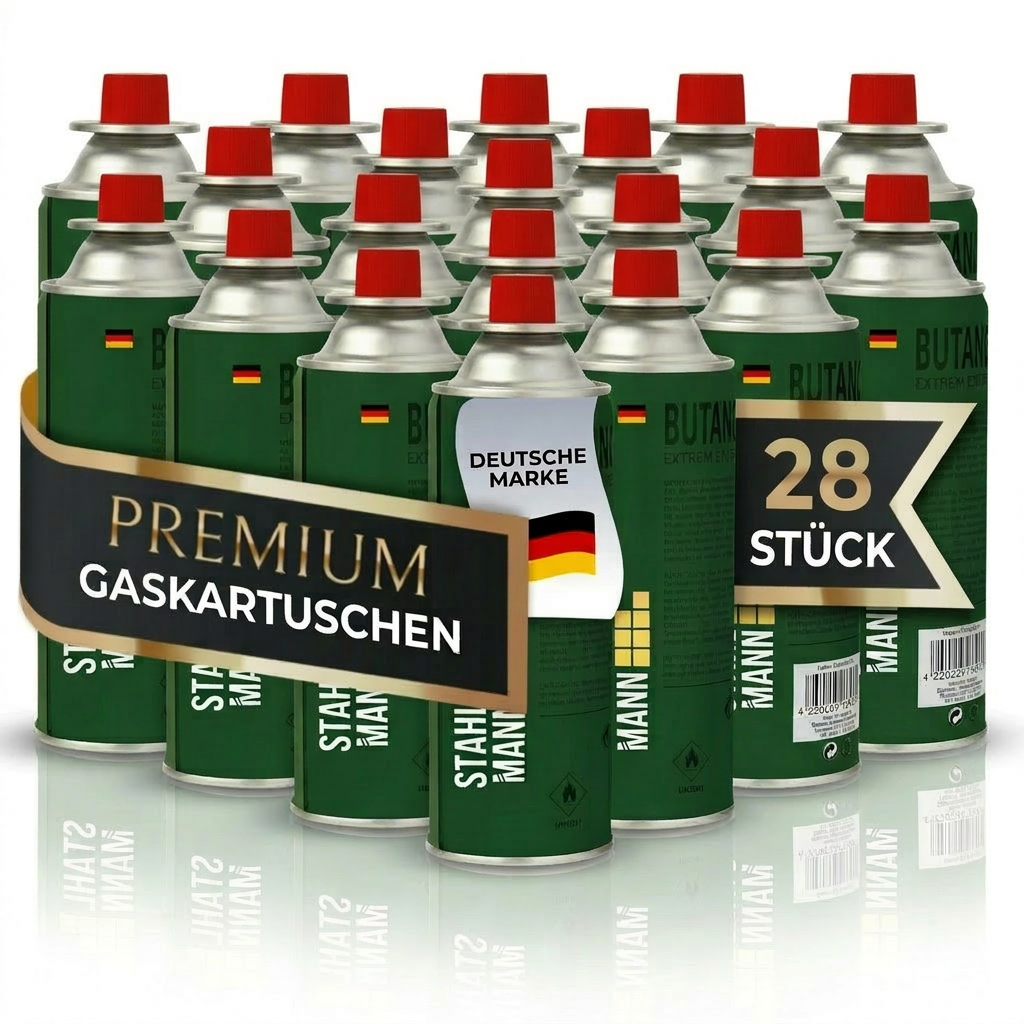 STAHLMANN® butaangaspatronen 227 g – Gevuld in de EU – voor kamperen, keuken en buitengebruik – 100% lekvrij en krachtig – met veiligheidsventiel