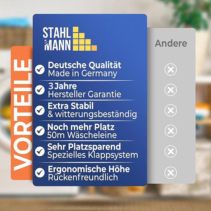 Wäschespinne 50m Made in Germany – 40kg Traglast, wetterfest &amp; ergonomisch