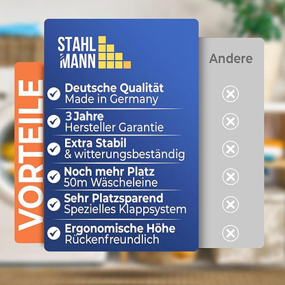 Wäschespinne 50m Made in Germany – 40kg Traglast, wetterfest &amp; ergonomisch