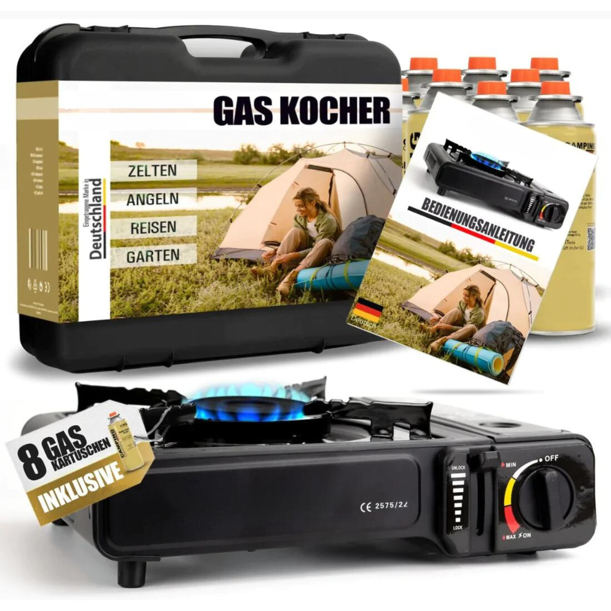 Gasfornuisset inclusief butaangaspatronen – met draagtas – compact, veilig en direct klaar voor gebruik – ideaal voor kamperen, tuinieren en buitengebruik – snelle verzending vanuit Duitsland 